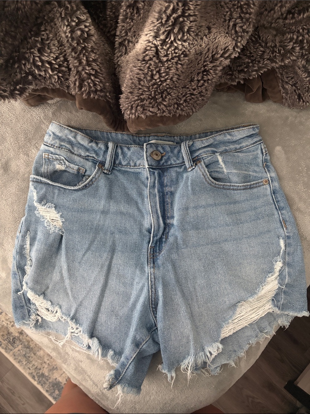 Light Wash Distressed High-Rise Denim Shorts